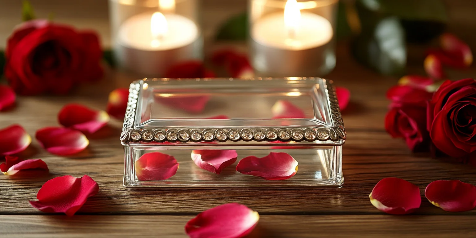 Small glass jewelry box with petals and candles.